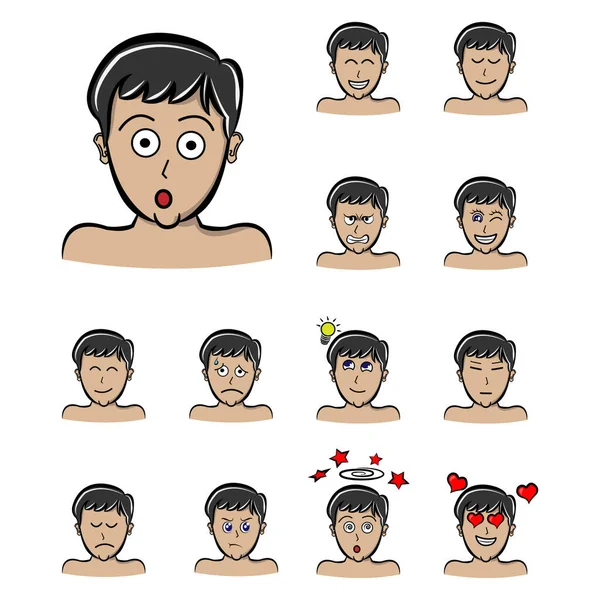 驚きは男の子の感情の男性の文字セットに直面する 様々な表情でハンサムな男の絵文字 漫画風のベクトルイラスト — ストックベクタ