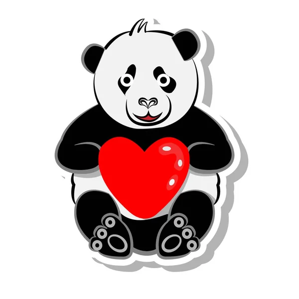 熊猫抱着爱心红气球贴纸 可爱的熊图案 — 图库矢量图片