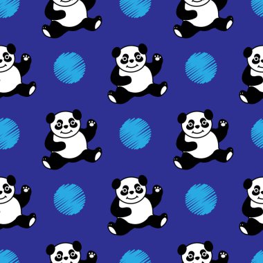 Panda mor arkaplanlı fayansı tekrarlıyor. sevimli hayvan çizgi film karakteri karalama çizimi yazdırmak için kusursuz desen