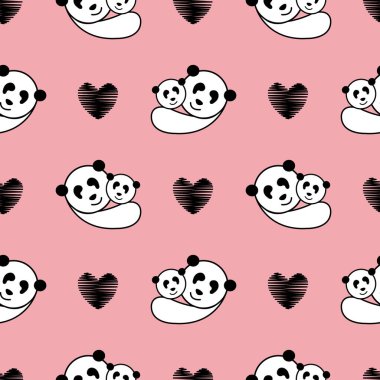 Panda, bebeğe kusursuz şekilde sarıldı. Şirin anne-baba, bebeğe iyi bak. Aşk, siyah kalp ve pembe arka plan.