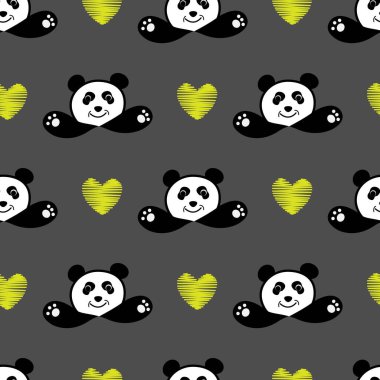 Şirin panda kucaklaşması ayı tekrarlama kalıbı. Oyuncak ayı grisi arkaplan, sarı kalpli el çizimi çizgi film tarzı. Çizim illüstrasyon vektörü pürüzsüz desen