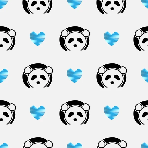 Pandanın sevimli yüzü pürüzsüz. Mutlu şirin panda başı Mavi aşk beyaz arka planlı tekrarlanan desen