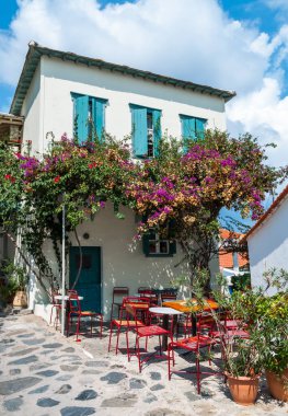 Yunanistan 'ın başkenti Nothe Sporades' te çiçek açan bougainvillea ile süslenmiş küçük bir Yunan kafesi.