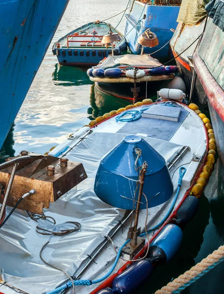 Three Colour Boats Searchlight Moored Hulls Fishing Vessels — Stock Photo, Image