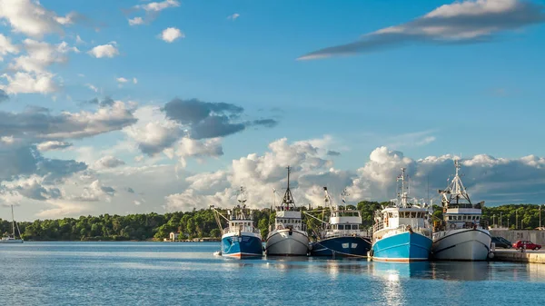 Panoramic View Five Fishing Vessels Dockside Green Shore Cloudy Blue — Stock Photo, Image