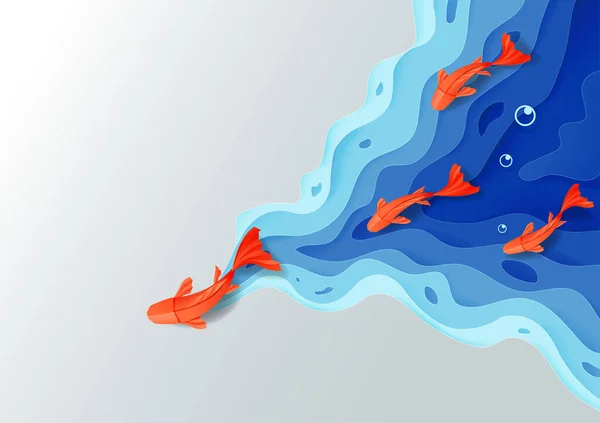 Concepto Liderazgo Origami Rojo Naranja Papel Pescado Agua Azul Poligonal — Archivo Imágenes Vectoriales