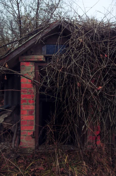 Altes Blockhaus mit der Zerstörung im Dorf — Stockfoto