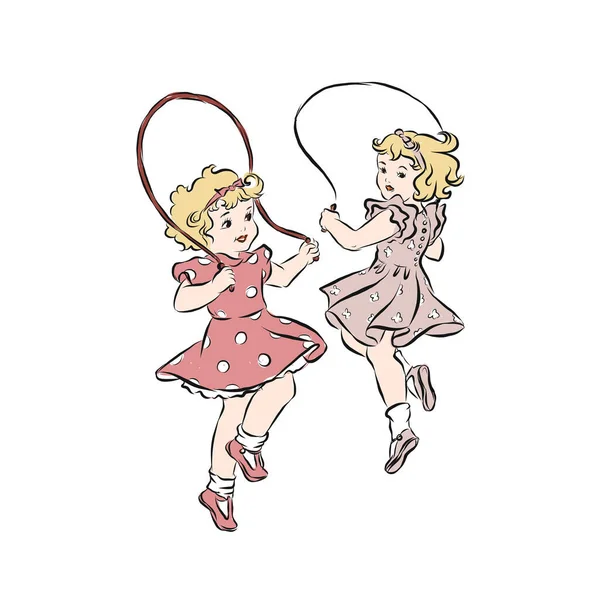Zwei Freundinnen Springen Auf Dem Springseil Blonde Mädchen Rosa Kleidern — Stockvektor