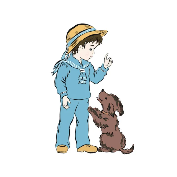 Garçon Avec Chien Enfant Vêtu Chapeau Paille Costume Bleu — Image vectorielle