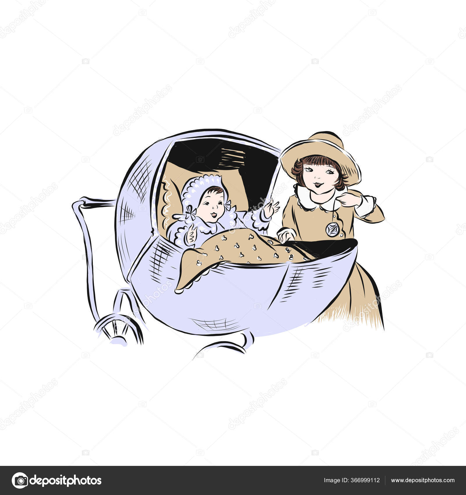 Старшая Сестра Играет Новорожденным Младшим Братом Лежащим Коляске.