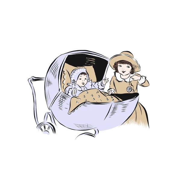 Büyük Ablası Yeni Doğmuş Erkek Kardeşiyle Oynuyor Bebek Arabasında Yatıp — Stok Vektör