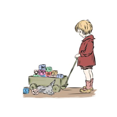 Boy rolls cart filled with letter cubes clipart