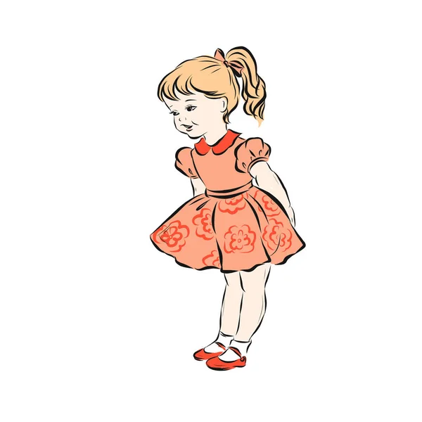 Pembe elbiseli, beyaz çoraplı ve tek başına duran mutlu küçük sarışın kız. Anaokulu çocuğu. Retro klip sanatı. 
