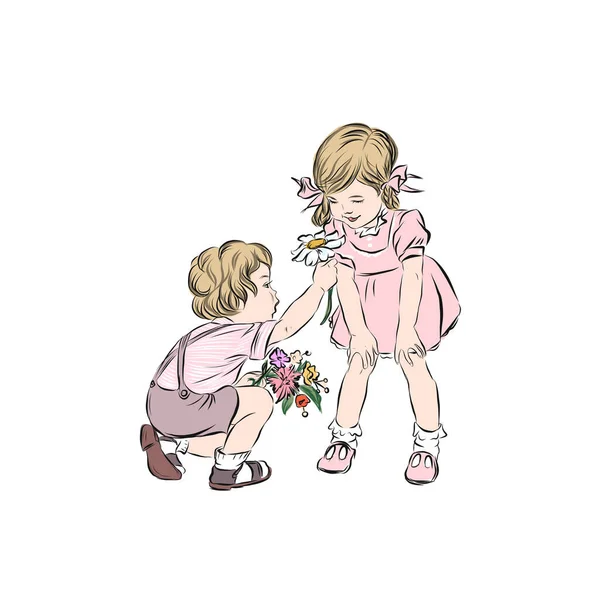 Junge Schenkt Mädchen Blume Kamille Zeichnung Für Grußkarten Zum Valentinstag — Stockvektor