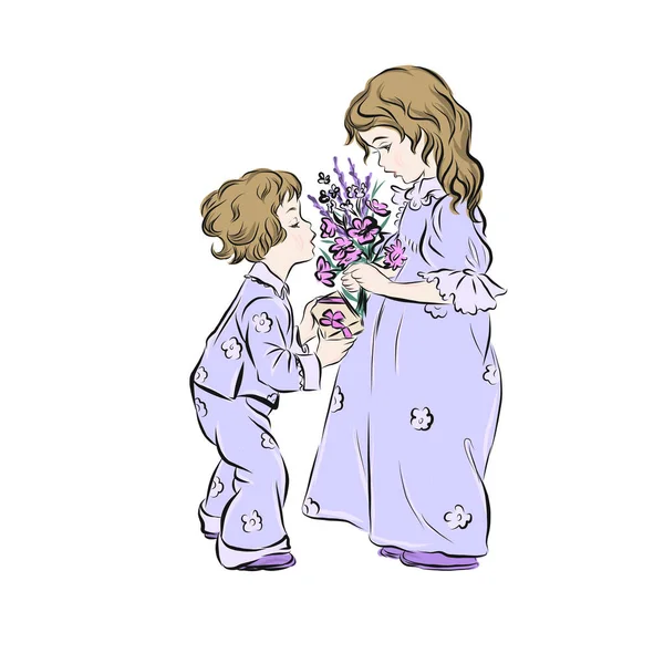 男孩送给女孩一束野花和一个用丁香缎带捆扎的礼品盒 生日快乐或国际妇女节贺卡的设计 — 图库矢量图片