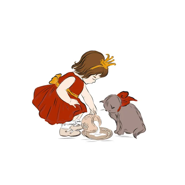 Princesse Fille Couronne Robe Rouge Verse Lait Chat — Image vectorielle