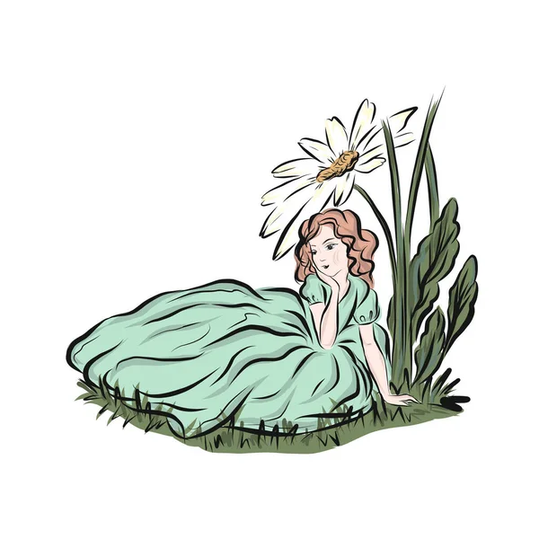  Thumbelina papatya ağacının altında oturuyor. Yeşil balo elbisesi giyen prenses.. 