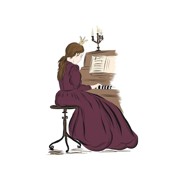 Princesse Joue Piano Jeune Musicien Pianiste Robe Bal — Image vectorielle