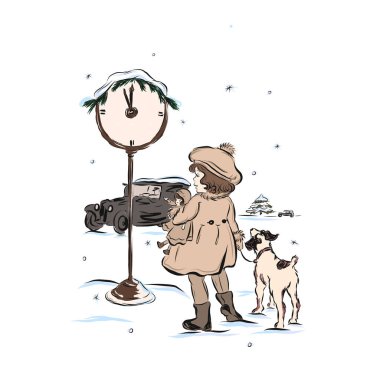 Girl and dog stand on snowy street at midnight. Little lady dressed in camel coat with fur collar and cuffs, boots, tights and hat with pompom. Child holding doll.  clipart