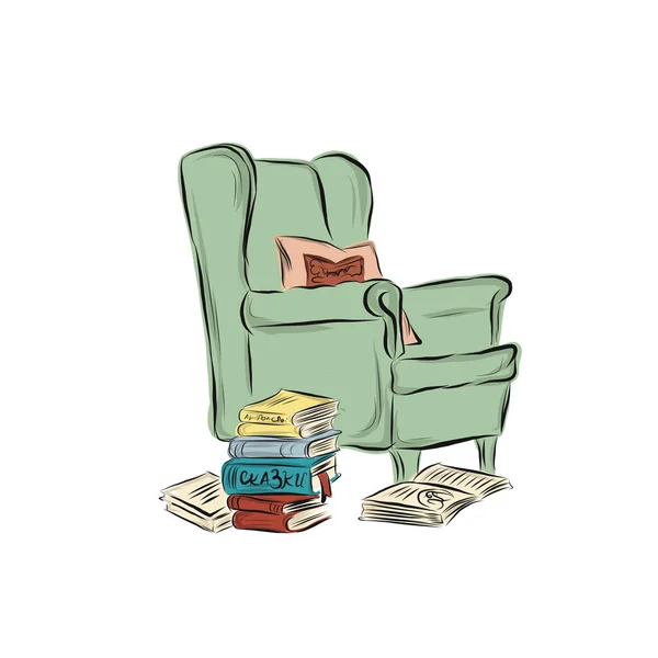 Sillón Verde Con Pila Libros Objeto Interior Muebles Tapizados — Vector de stock