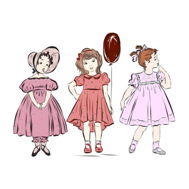  Pembe elbiseli üç kız yan yana duruyor. Çocuk koyu kırmızı balon tutuyor. 