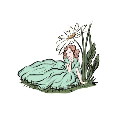  Thumbelina papatya ağacının altında oturuyor. Yeşil balo elbisesi giyen prenses.. 