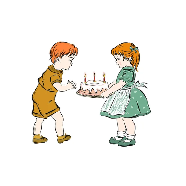 Хлопчик Вибухає Свічки Торті Які Випікала Руда Дівчина Дитячий День — стоковий вектор