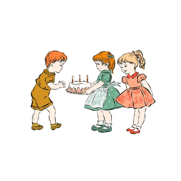 Cumpleaños Chicos Chica Pelirroja Sosteniendo Pastel Con Tres Velas — Vector de stock