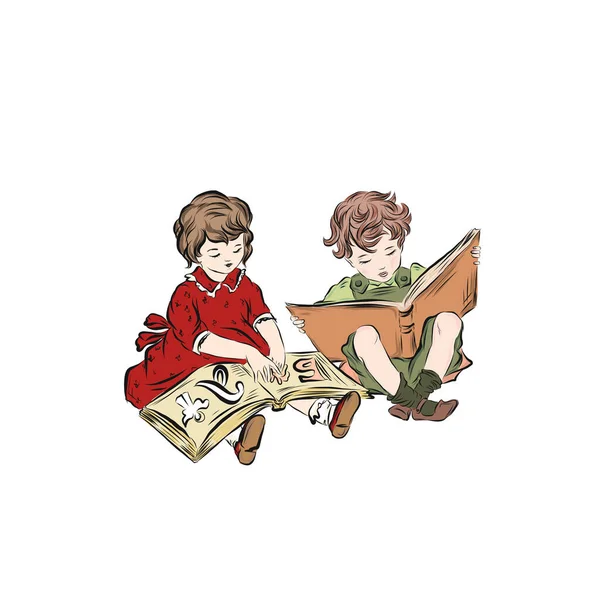 小女孩和男孩一起坐在地板上看书 婴儿年龄 聪明的孩子 — 图库矢量图片