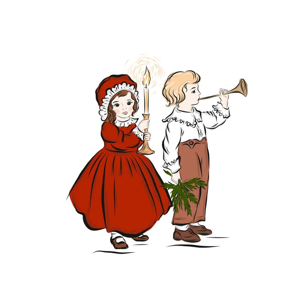 Erkek Kız Noel Kutluyor Kırmızı Balo Elbisesi Giymiş Bir Kız — Stok Vektör