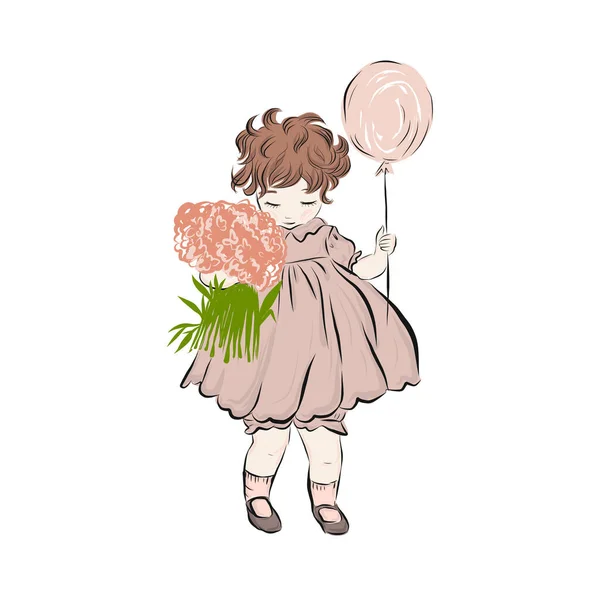 Nieśmiała Dziewczynka Sukience Różowym Balonem Kwiatami — Wektor stockowy