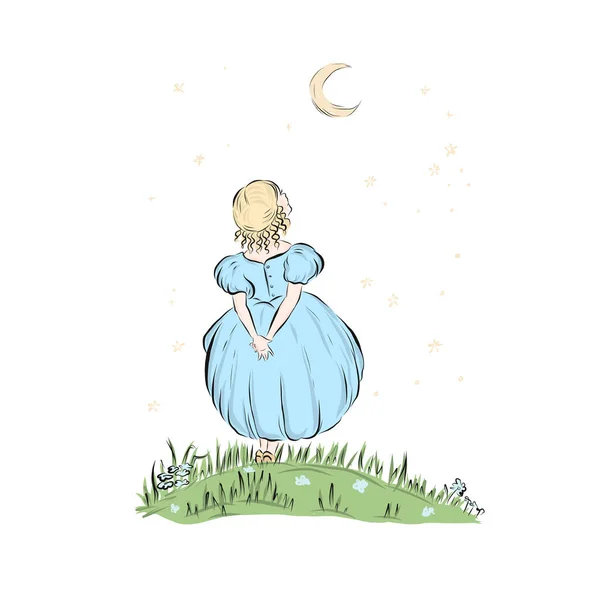 青いドレスを着たプリンセスの女の子は月を見て — ストックベクタ