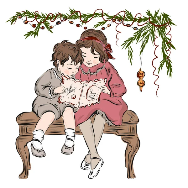 Хлопчик Дівчинка Дивляться Різдвяні Листівки Сидячи Дерев Яній Лавці Під — стоковий вектор