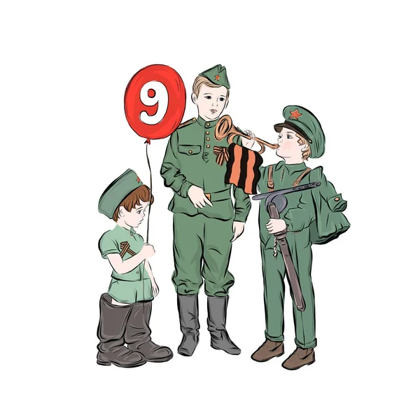 Мальчики Военной Форме Поздравляют Днем Победы Ребенок Держит Красный Шарик — стоковый вектор