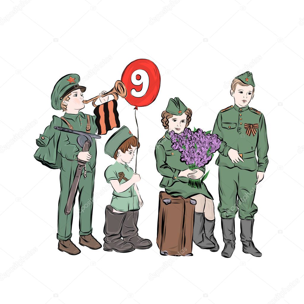  Children in military uniform congratulate Victory Day. Boy holds red balloon with inscription May 9 in Russian. 
