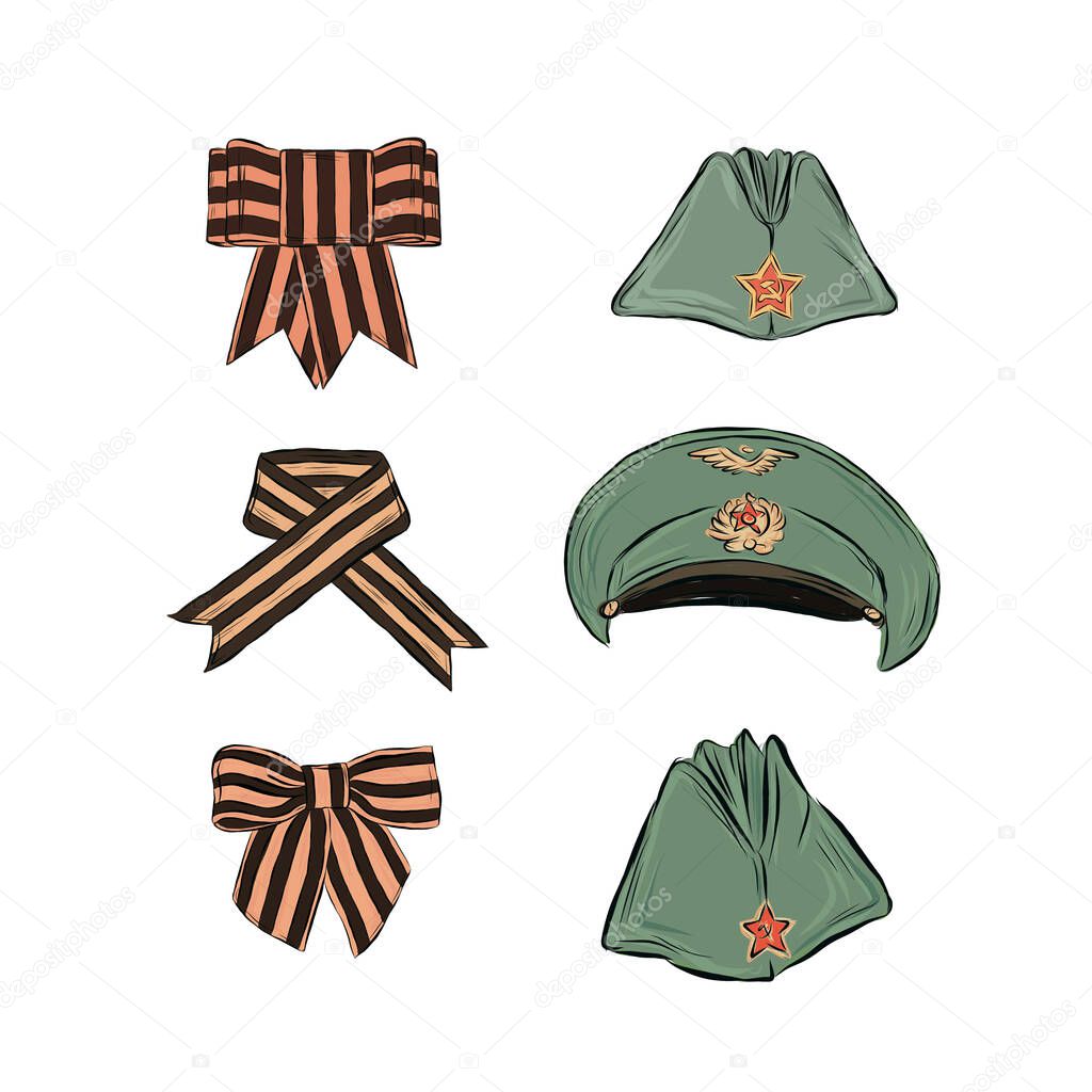 Set of St. George ribbons and military hats. Uniform of the soldier. May 9. Day of great victory.
