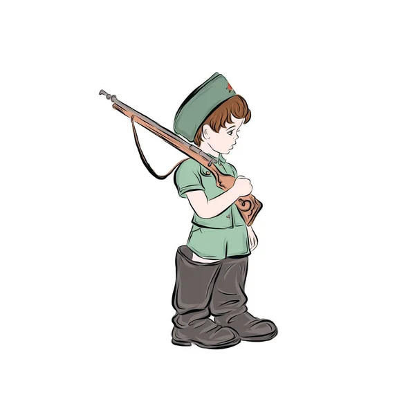 Мальчик Одетый Большие Военные Сапоги Кепке Держит Игрушечный Пистолет — стоковый вектор