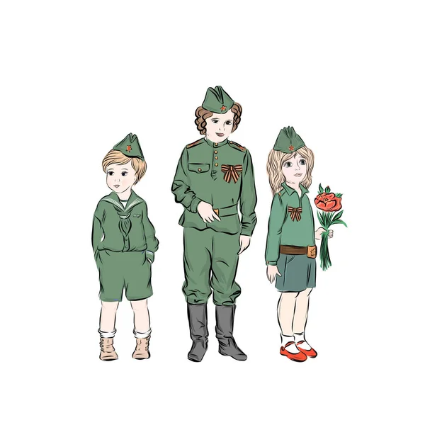 在大获全胜的日子里 头戴草帽 身穿军服的孩子们站在一起庆祝胜利 — 图库矢量图片