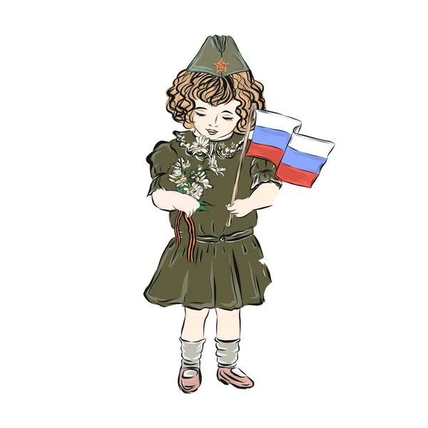 5月9日 軍の制服の少女は ロシアの旗を保持しています 聖ジョージリボンとデイジーの花束 — ストックベクタ