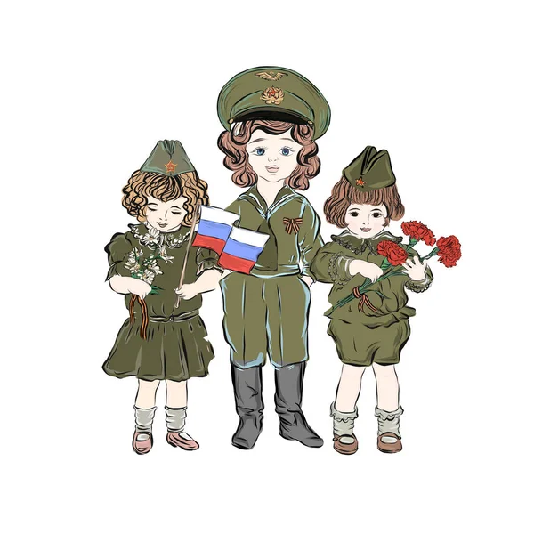 Mayıs Askeri Üniformalı Çocuklar Zafer Günü Kutluyor Ellerinde Rus Bayrakları — Stok Vektör