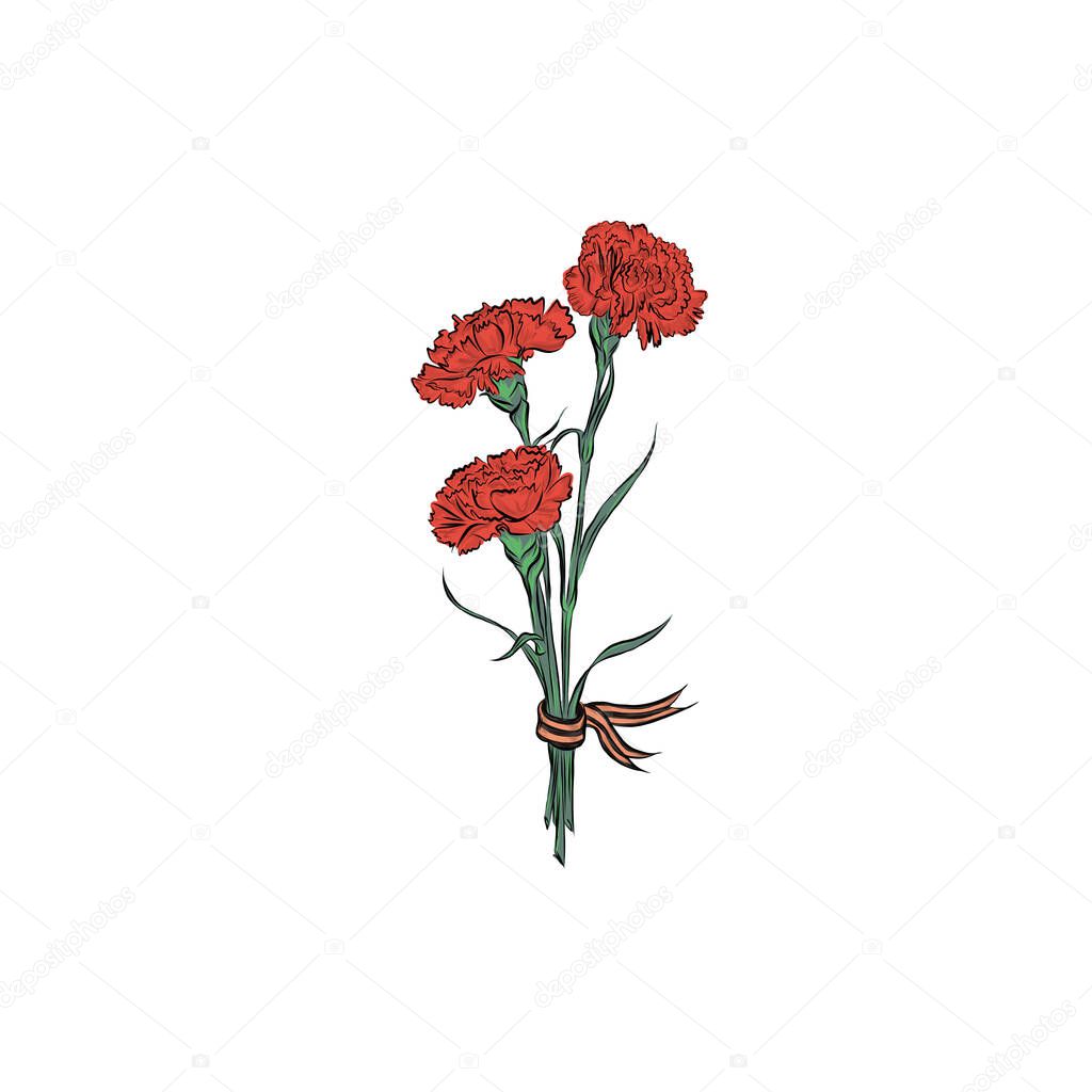  Bouquet of red carnations with St. George ribbon. Victory Day symbol