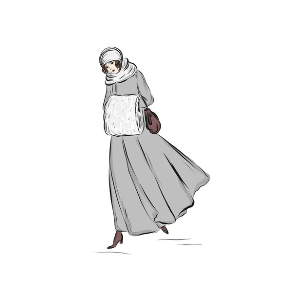 Жінка Одягнена Вінтажне Сіре Пальто Нагріває Руки Муфті Дама Дев — стоковий вектор