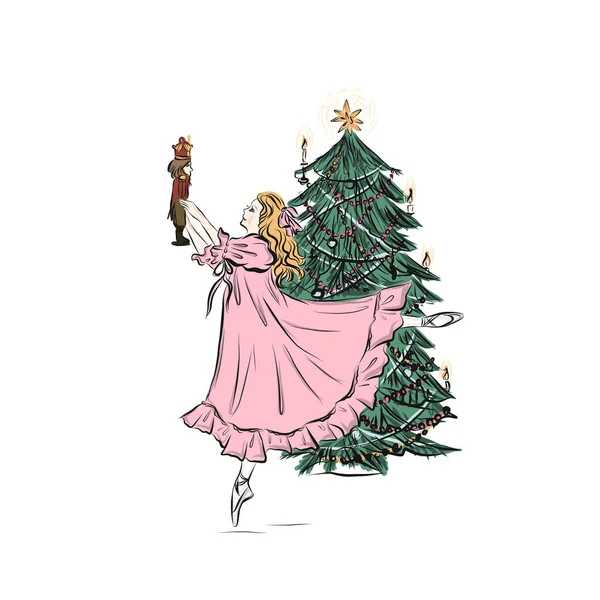 バレリーナダンスとともにくるみ割り人形クリスマスツリーの近く — ストックベクタ