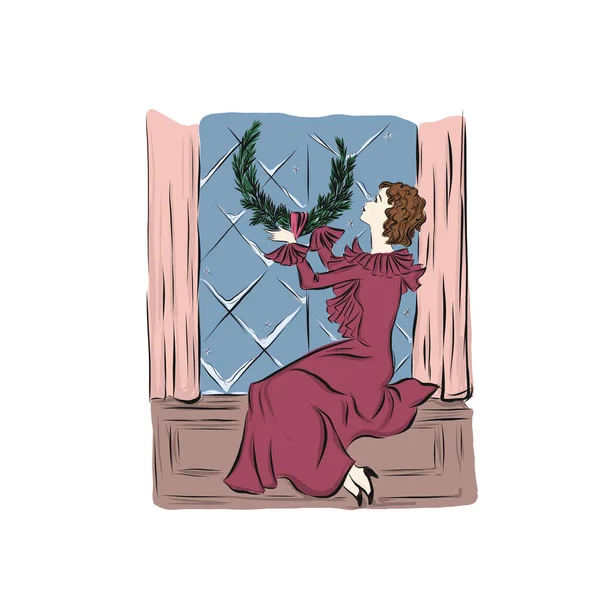 Kadın Pencereyi Noel Çelengi Ile Süslüyor Yüzyıldan Kalma Klasik Tarzda — Stok Vektör