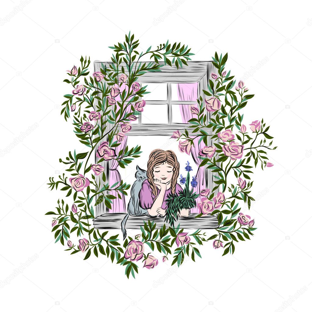  Girl with cat leaning on window sill looks out through open window entwined with leaves and flowers