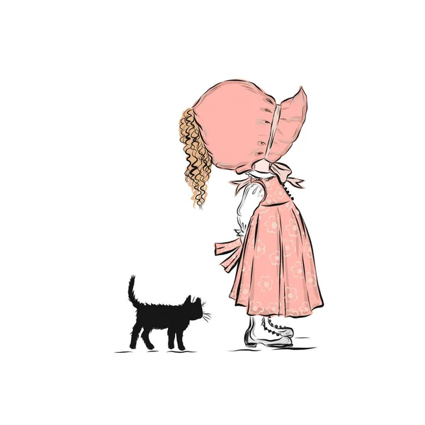 Petite Fille Casquette Tient Avec Chat Noir — Image vectorielle