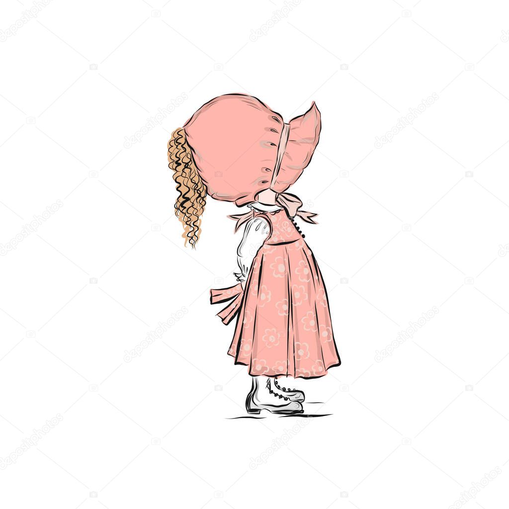  Little girl in pink bonnet and dress. Beautiful kid. Cartoon illustration.