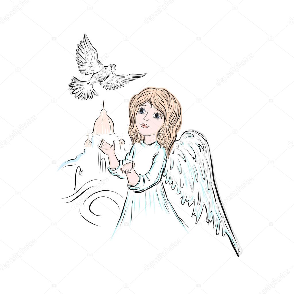  Angel girl. Dove fly against the background of the temple. Graphic vintage linear drawing. Concept for religious holidays - Easter, Christmas. Biblical heavenly symbol of child with wings. 