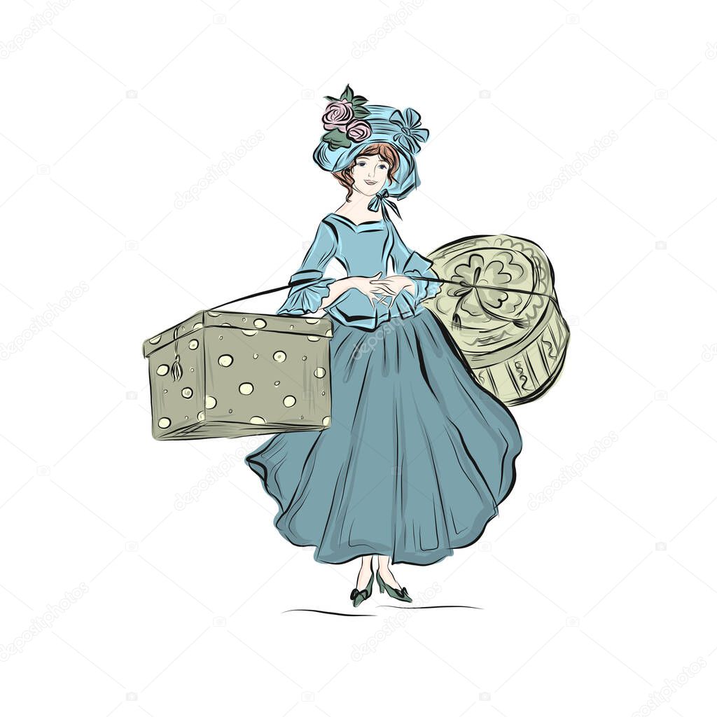 La mujer lleva cajas de regalo. Señora vestida con ropa de ...