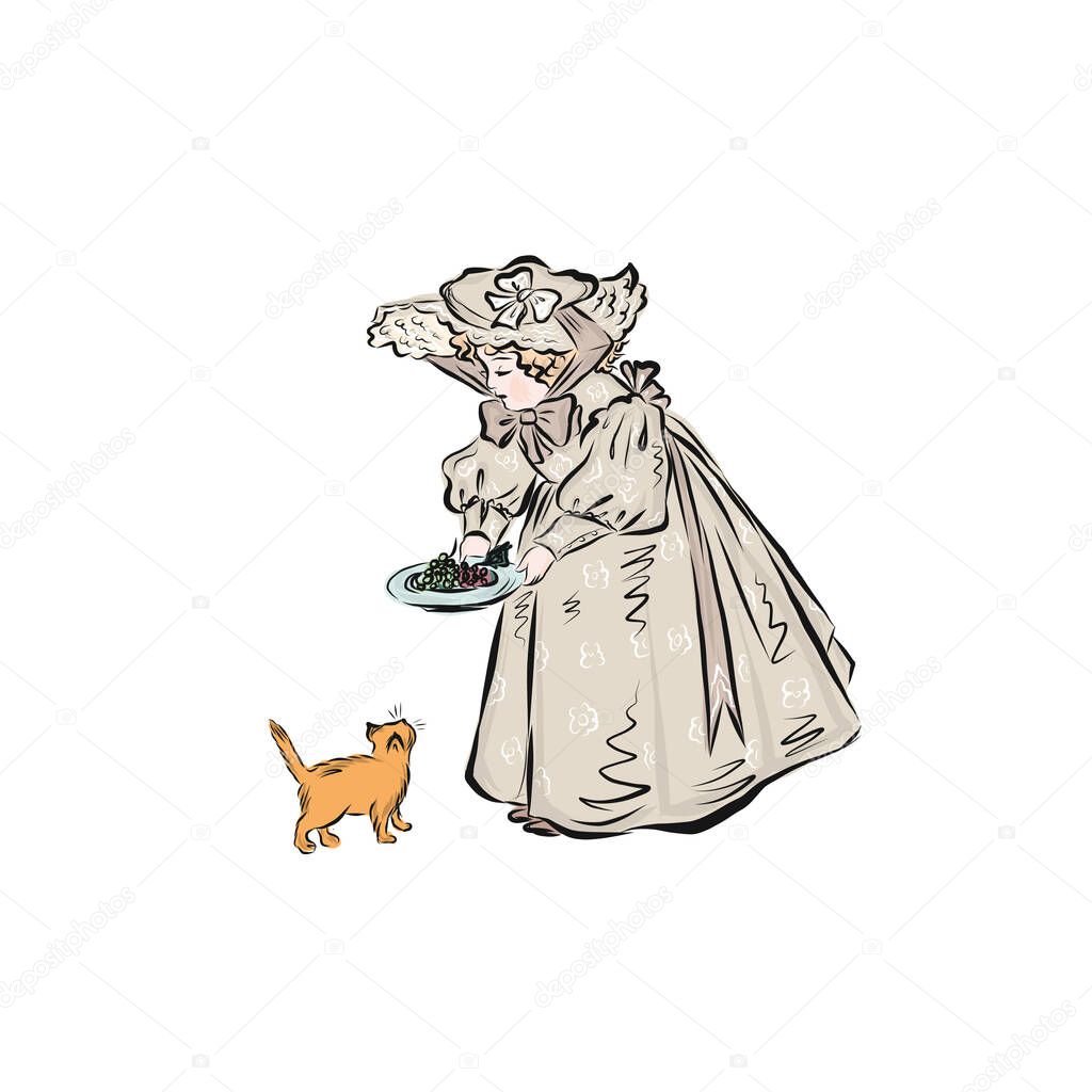  Girl feeds kitten. Child dressed in long ball dress and broad-brim hat in vintage style from the nineteenth century. 